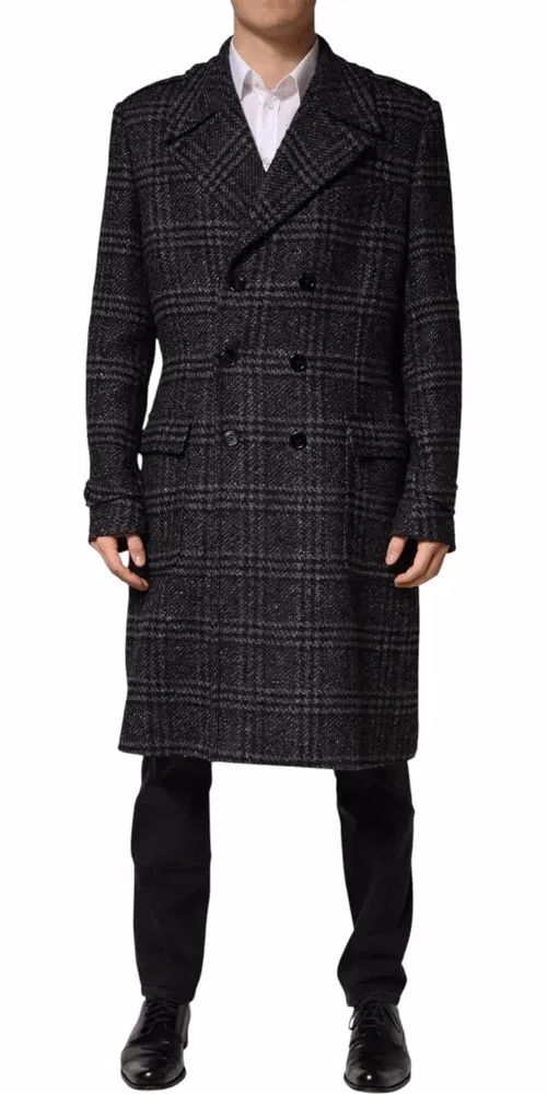 Dolce & Gabbana Grey Double Breasted Plaid Wool Coat Jacket