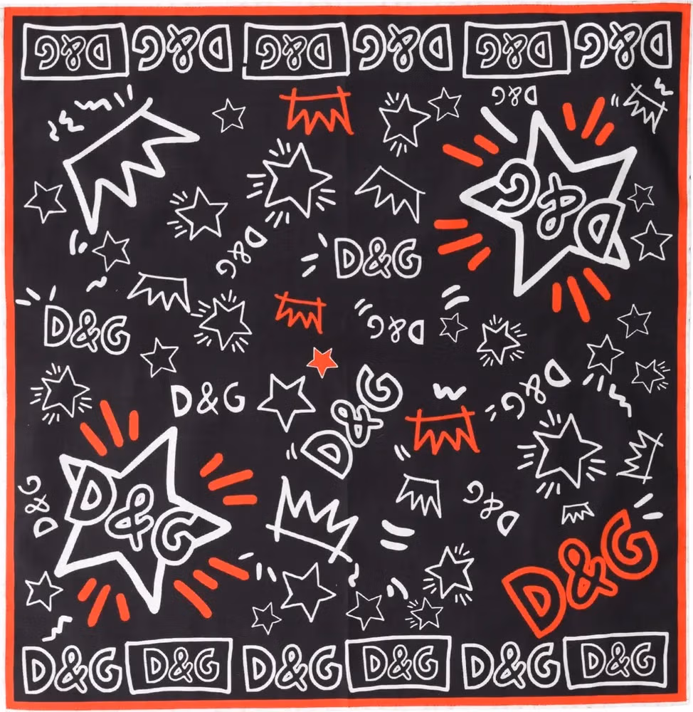 Dolce & Gabbana Black White Red DG Crown Cotton Foulard 47cm x 46cm Scarf
