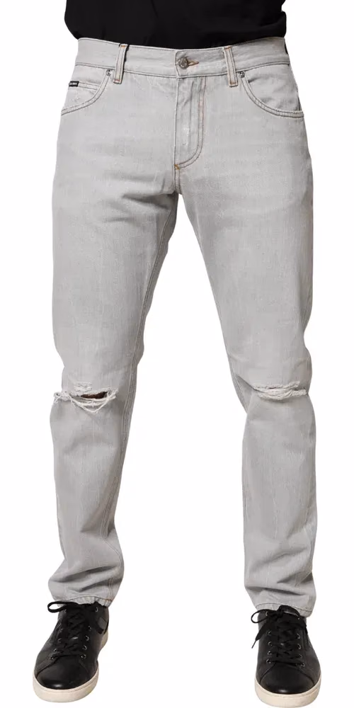 Dolce & Gabbana Light Gray Ripped Cotton Regular Denim Jeans