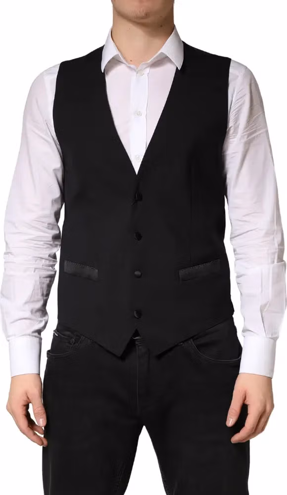 Dolce & Gabbana Black Wool Dress Men Formal Waistcoat Vest