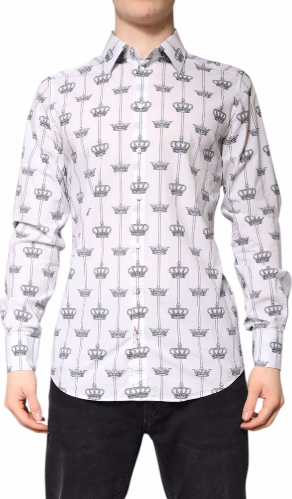 Dolce & Gabbana White GOLD Crown Cotton Dress Formal Shirt