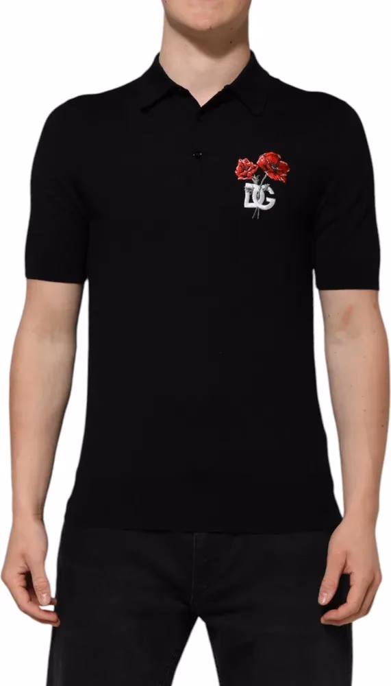 Dolce & Gabbana Black Wool Logo Floral Short Sleeve T-shirt
