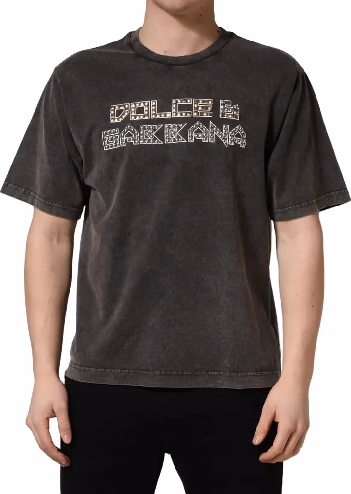 Dolce & Gabbana Gray Logo Embellished Men Crew Neck T-shirt