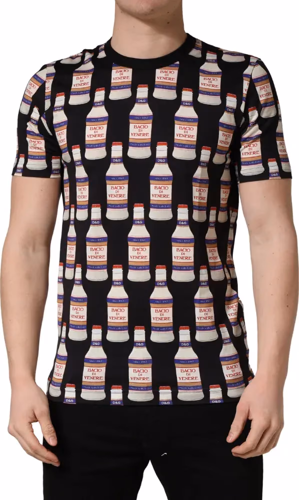Dolce & Gabbana Black Bottle Print Cotton Crew Neck  T-shirt