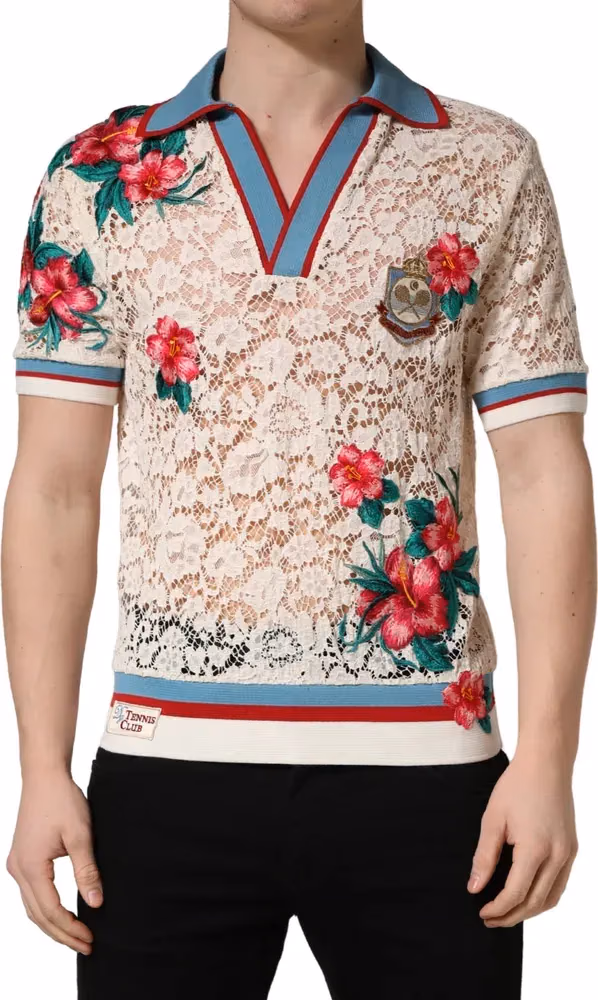 Dolce & Gabbana Beige Floral Tennis Club Lace Polo T-shirt