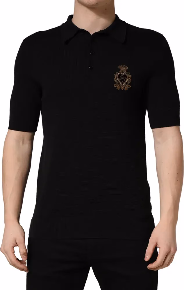 Dolce & Gabbana Black Heraldic Crest Patch Silk Polo T-shirt