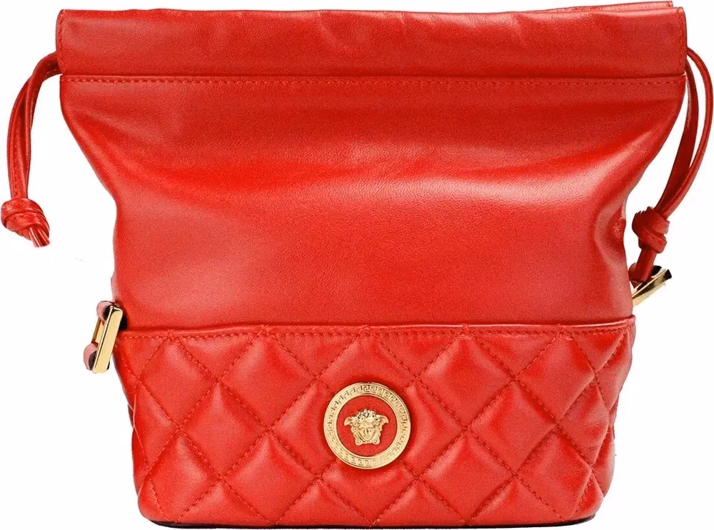 Versace Versace Red Quilted Leather Drawstring Shoulder Bag Bucket Crossbody Handbag