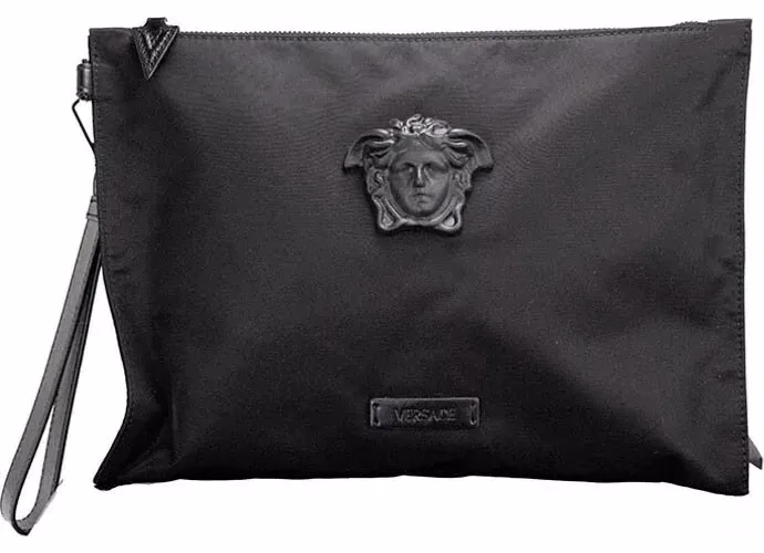Versace Versace Large Black Nylon Fabric Medusa Convertible Pouch Clutch Wristlet Bag