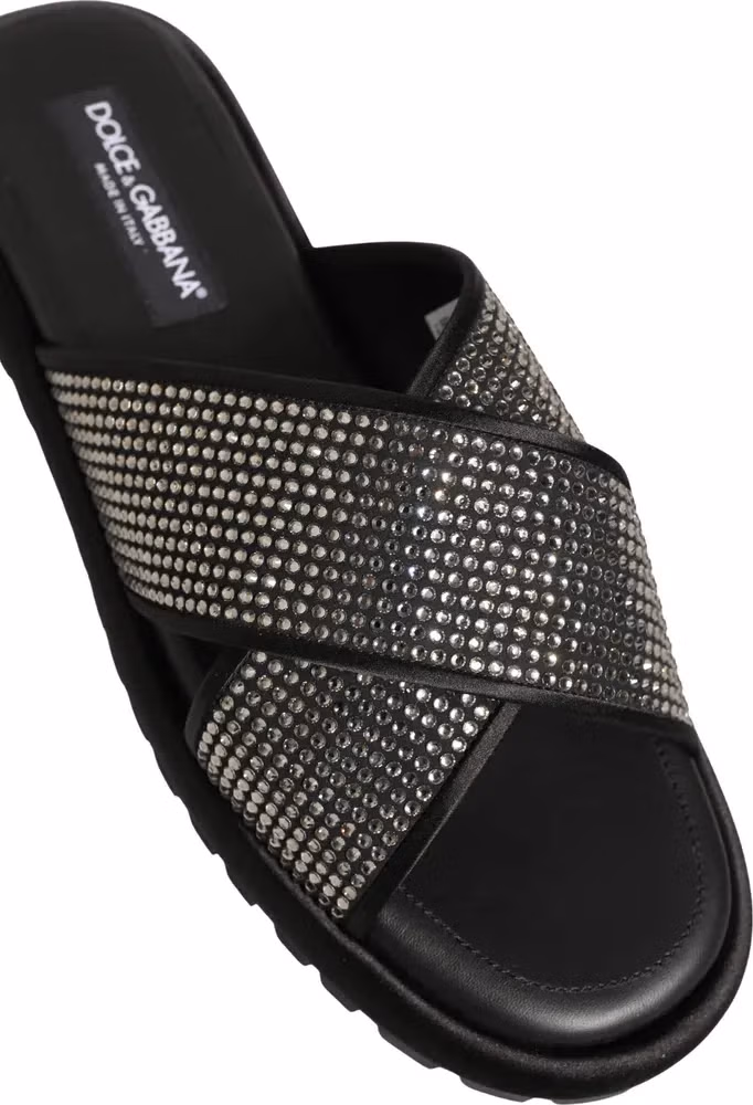 Dolce & Gabbana Black Strass Criss Cross Slide Sandals Shoes
