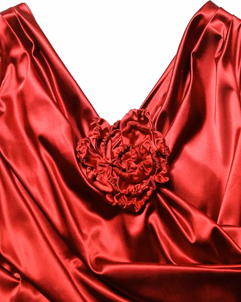 Dolce & Gabbana Red Silk Satin Draped Midi Floral Applique Dress