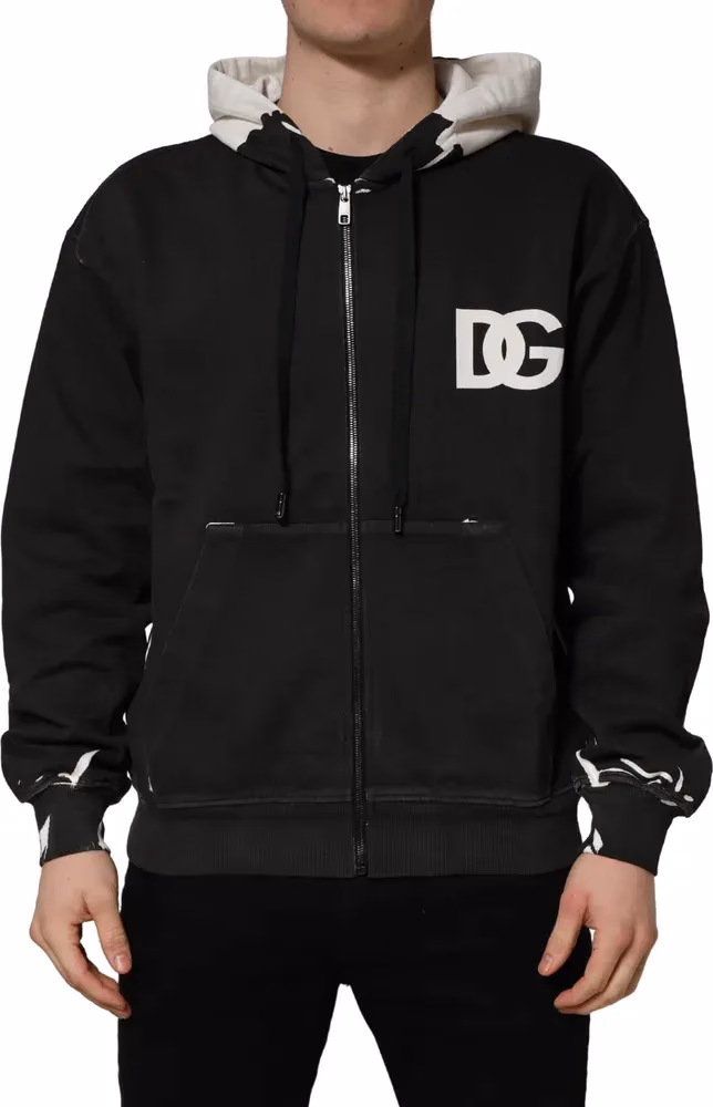 Dolce & Gabbana Black Cotton Logo Hooded Full Zip Sweater