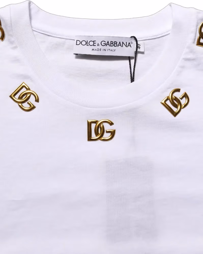 Dolce & Gabbana White Cotton Gold DG Logo Crew Neck T-shirt