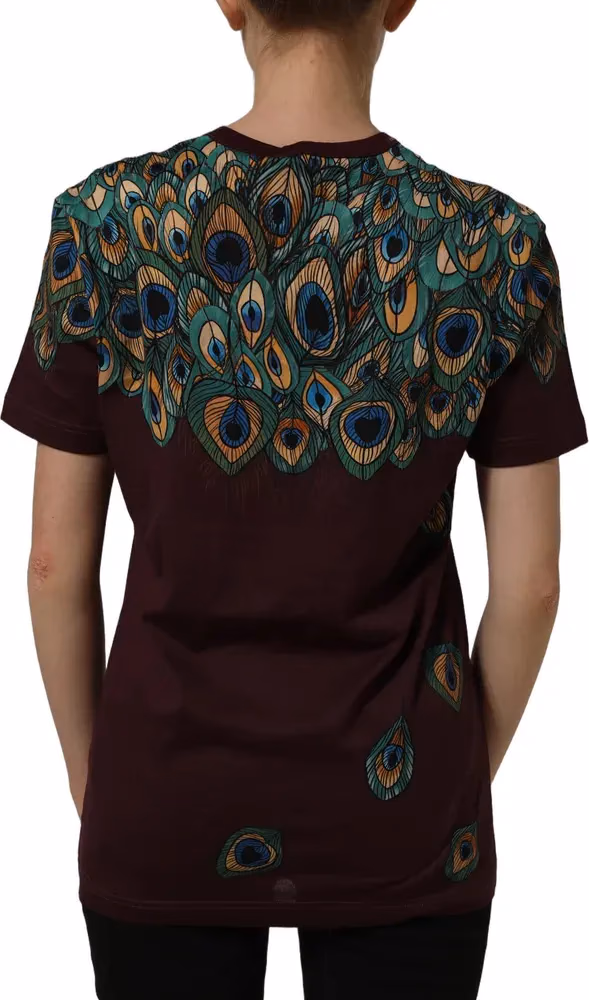 Dolce & Gabbana Burgundy Peacock Feather Round Neck T-shirt