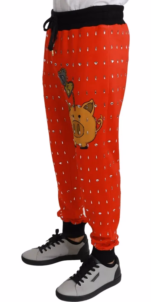 Dolce & Gabbana Red Piggy Bank Cotton Crystal Trousers Pants