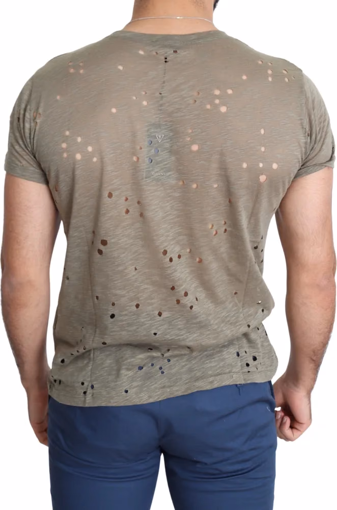 Guess Brown Cotton Stretch Logo Print Men Casual Perforated T-shirt