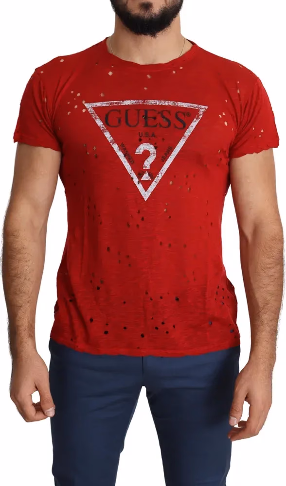 Guess Red Cotton Logo Print Men Casual Top Perforated T-shirt