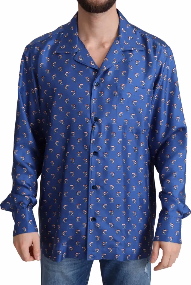 Dolce & Gabbana Blue Beach Chair Umbrella Print Silk Shirt