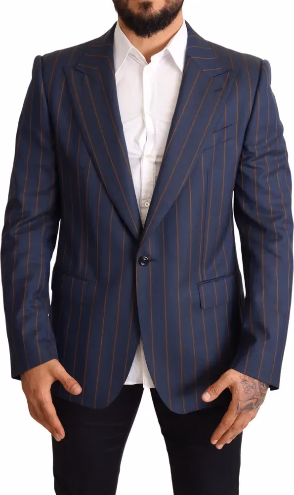 Dolce & Gabbana Blue Striped Wool Slim Fit Blazer Jacket