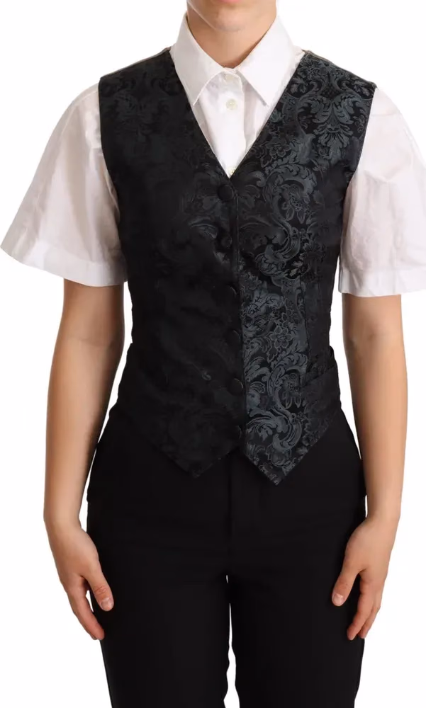Dolce & Gabbana Black Jacquard Floral Waistcoat Vest Green