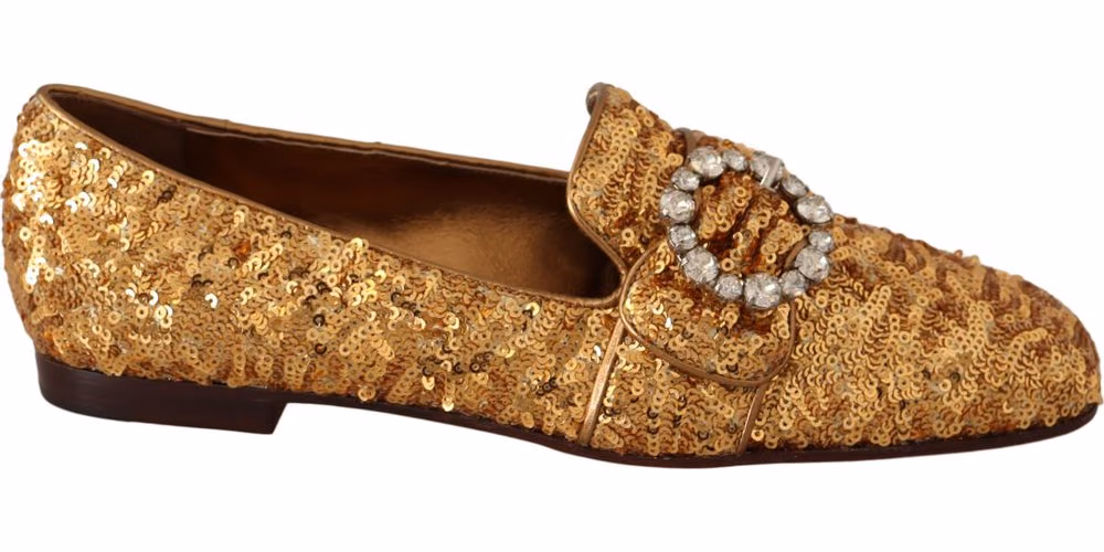 Dolce & Gabbana Gold Sequin Crystal Flat Women Loafers Shoes
