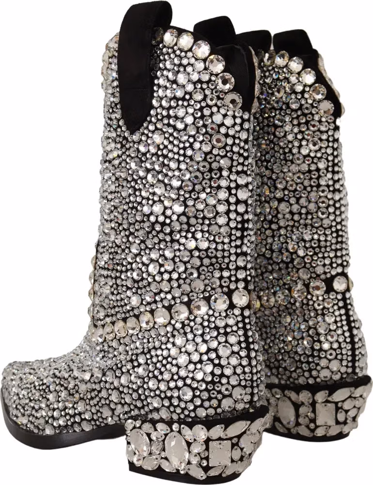 Dolce & Gabbana Black Suede Strass Crystal Cowgirl Boots