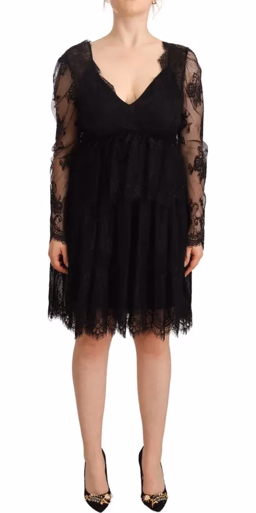 Aniye By Black Floral Lace Cotton Long Sleeves V-neck Shift Dress