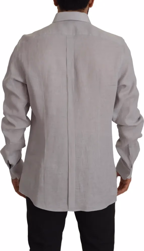 Dolce & Gabbana Gray Linen Long Sleeves Formal GOLD Shirt
