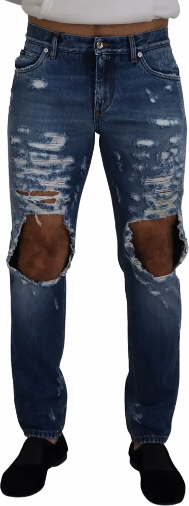 Dolce & Gabbana Blue Cotton Tattered Men Denim Jeans