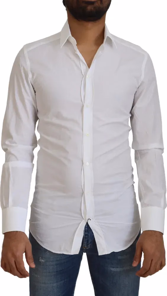 Dolce & Gabbana White Cotton Slim Fit Formal Dress GOLD Shirt