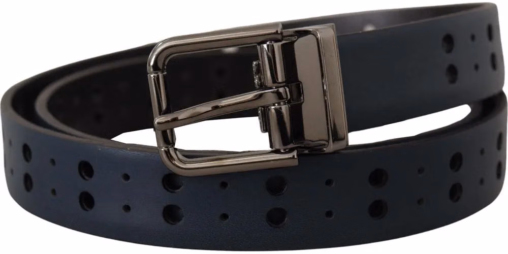 Dolce & Gabbana Blue Perforated Skinny Leather Metal Buckle Belt