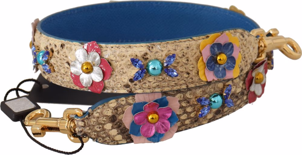 Dolce & Gabbana Beige Python Leather Floral Studded Shoulder Strap
