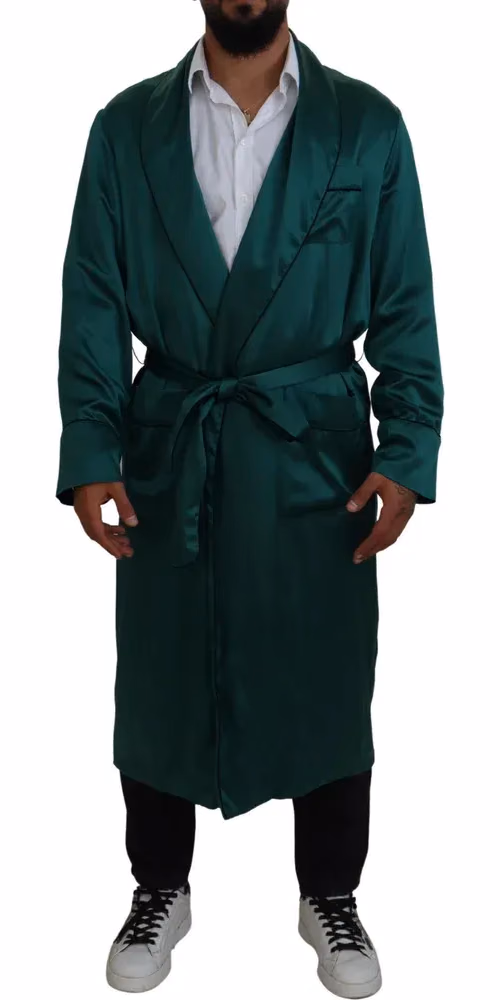 Dolce & Gabbana Green Silk Waist Belt Robe Sleepwear