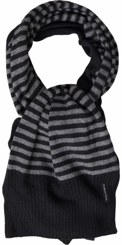 Dolce & Gabbana Black Gray Stripe Wool Neck Wrap Shawl Scarf