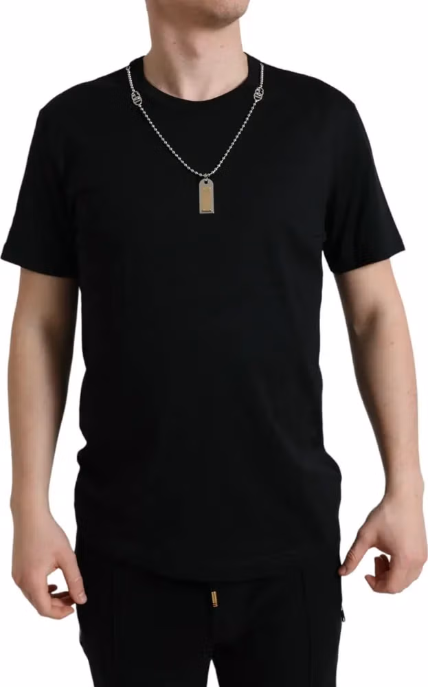 Dolce & Gabbana Black Cotton Dog Tag Round Neck T-shirt