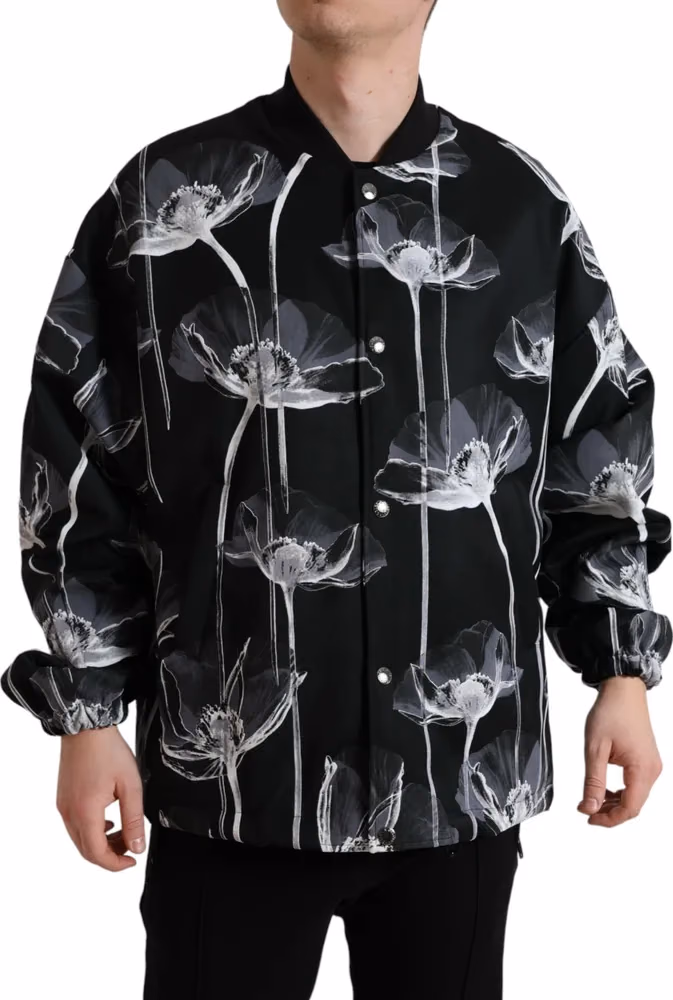 Dolce & Gabbana Black Floral Print Wool Button Down Bomber Jacket