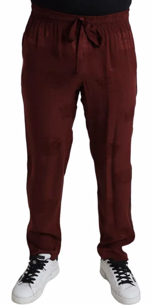 Dolce & Gabbana Maroon Crown Pattern Silk Pajama Pants