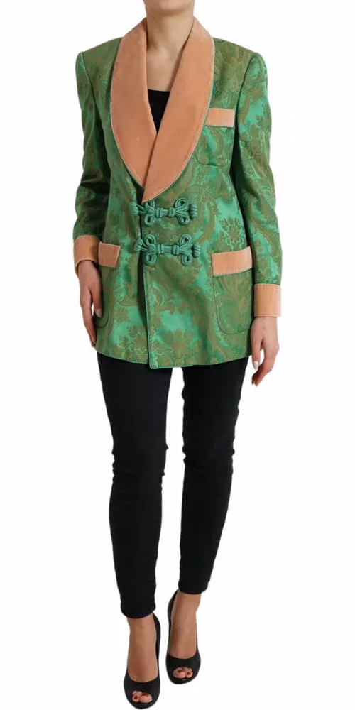 Dolce & Gabbana Green Floral Double Breasted Coat Jacket