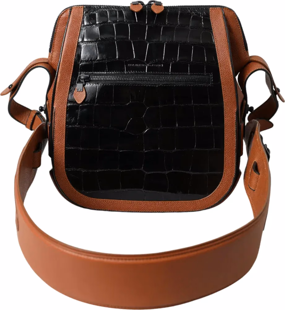 Balenciaga Black Brown Exotic Skin Leather Vertical Crossbody Purse Bag