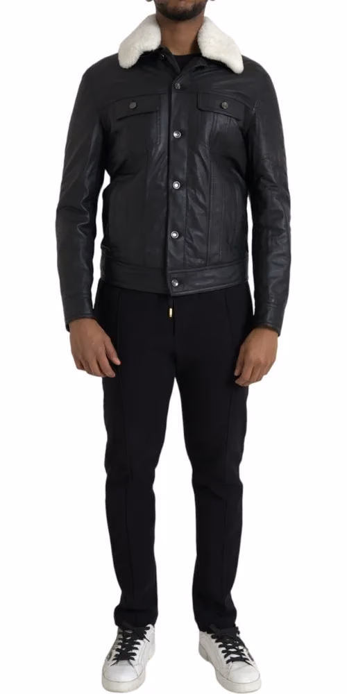 Dolce & Gabbana Black Leather Fur Collar Biker Coat Jacket