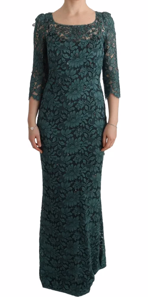 Dolce & Gabbana Green Floral Crystal Ricamo Sheath Dress