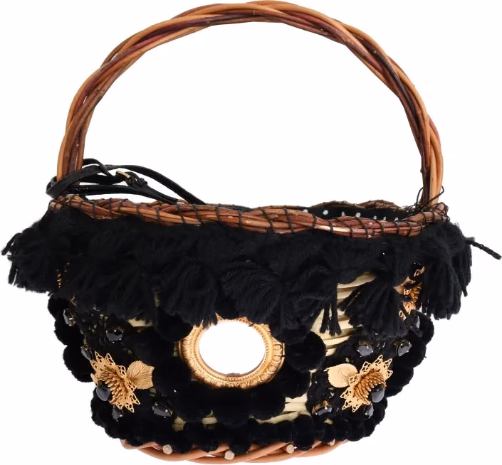 Dolce & Gabbana Beige Straw Snakeskin Pom Pom Crystal AGNESE Bag