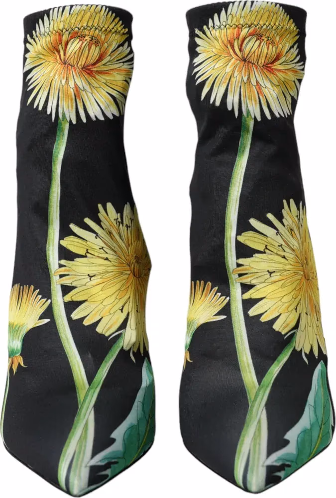 Dolce & Gabbana Black Floral Jersey Stretch Ankle Boots Shoes