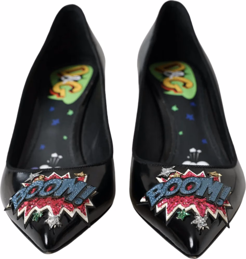 Dolce & Gabbana Black Leather BOOM Patch Heels Pumps Shoes
