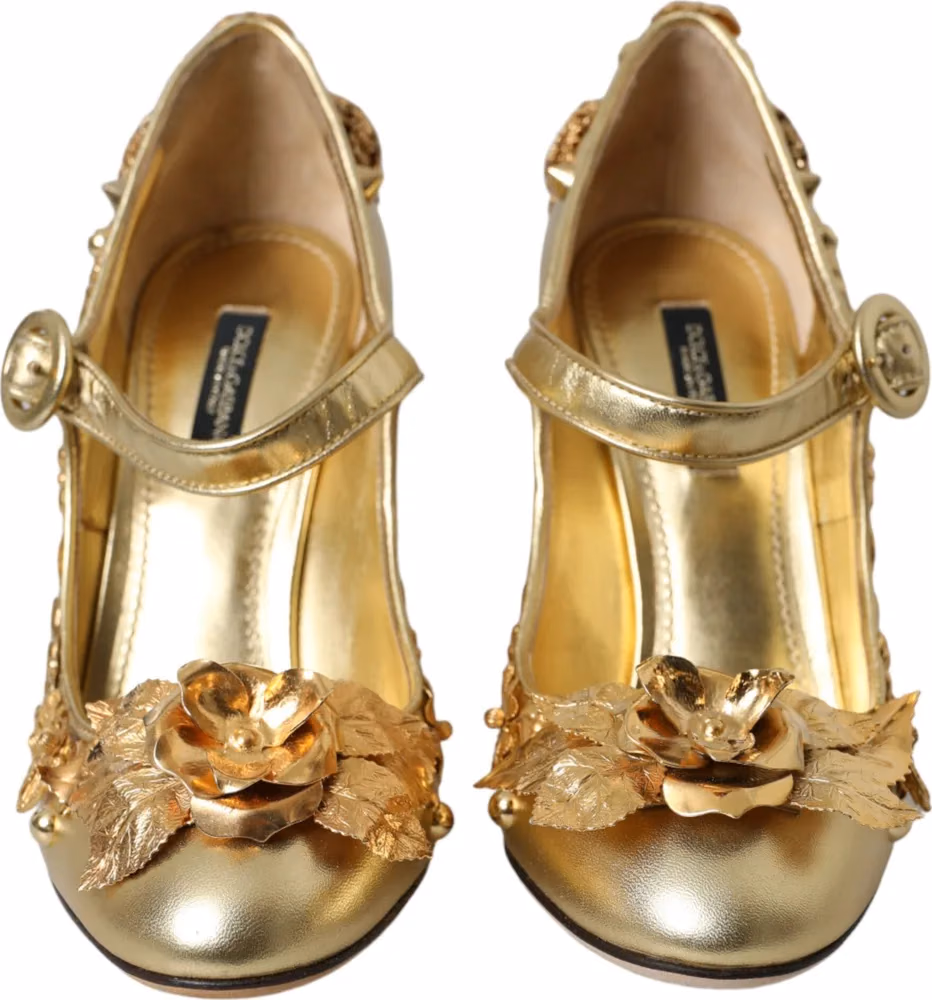 Dolce & Gabbana Gold Leather Crystal Mary Janes Pumps Shoes
