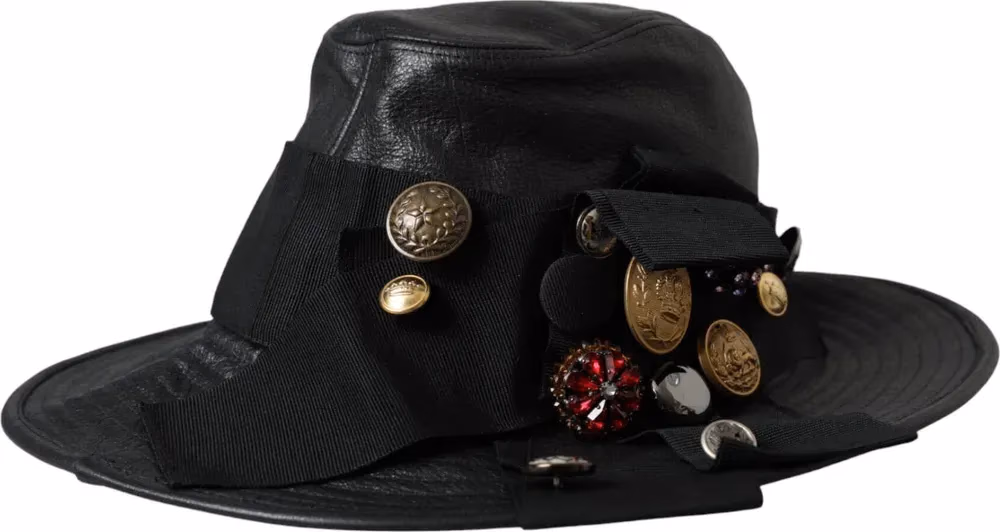 Dolce & Gabbana Black Leather DG Coin Crystal Wide Brim Hat