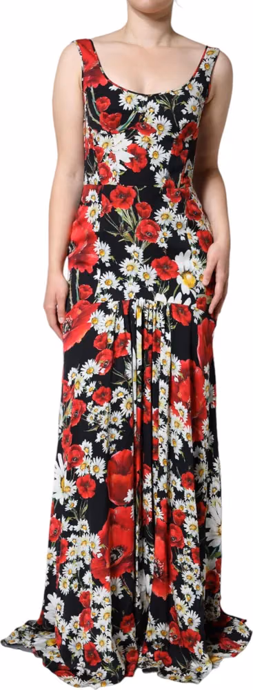 Dolce & Gabbana Black Floral Silk Sleeveless Long Gown Dress