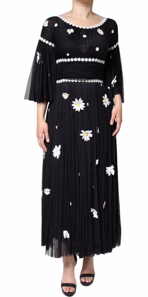 Dolce & Gabbana Black Silk Daisy A-line Long Maxi Dress