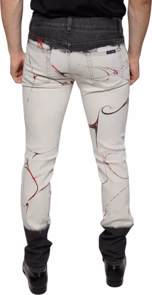 Dolce & Gabbana Black White Printed Skinny Men Denim Jeans