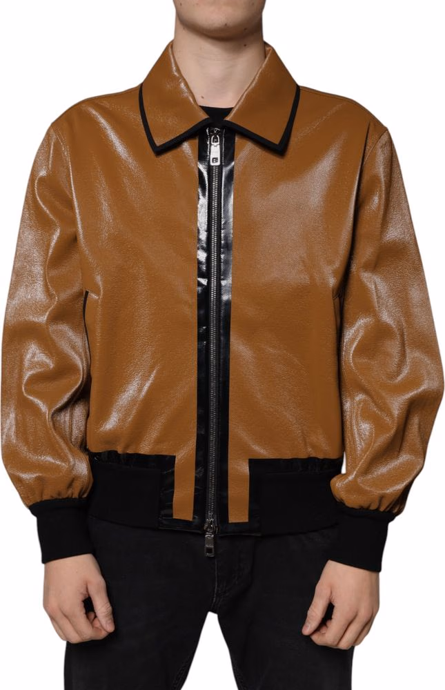 Dolce & Gabbana Brown Leather Full Zip Men Bomber Jacket