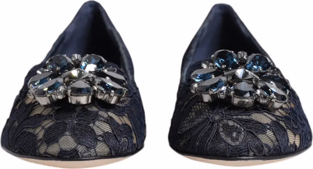Dolce & Gabbana Blue Taormina Lace Crystals Flats Shoes